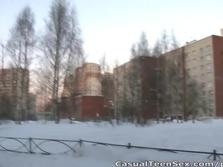 Teens play snowballs and fuck