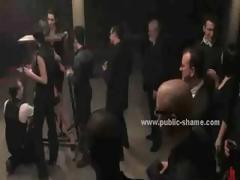 Party Receive A Pleasant Bdsm Surprise When Tied Slut Is Brought And Gifted In Public Group Sex