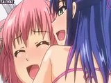 Anime cutie enjoys a pink strapon