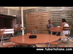 Two Italian Guys Get Sucked By A Curly-haired Brunette At A Restaurant