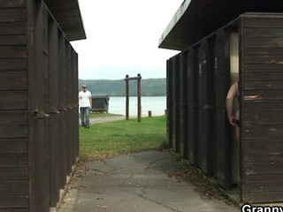 Old bitch blows and fucks him in the public
