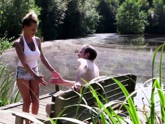 Busty Femdom Tugging Guy Outdoors For Spunk