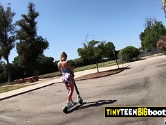 Tiny Teen On Electric Kick Scooter Rides Step And Huge Cock