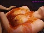 Girl In Stockings Covered With Jelly Food Kissing Getting Her Pussy Rubbed With Feet By Young Girl On The Mattress