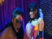 Neon MFF threesome in fishnet lingerie and heels